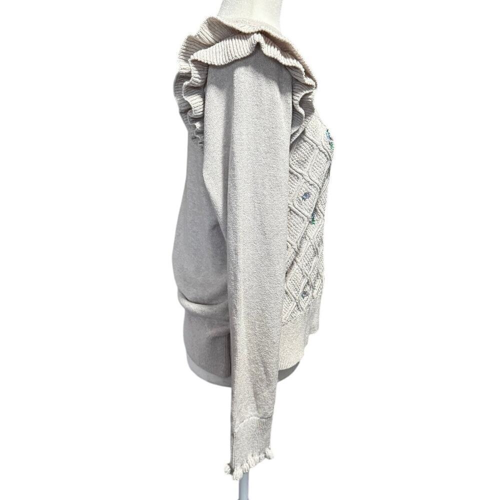Grandma Embroidered Ruffle Sweater Women’s (L) Beige Knit Blue Ditsy Floral - Picture 4 of 7